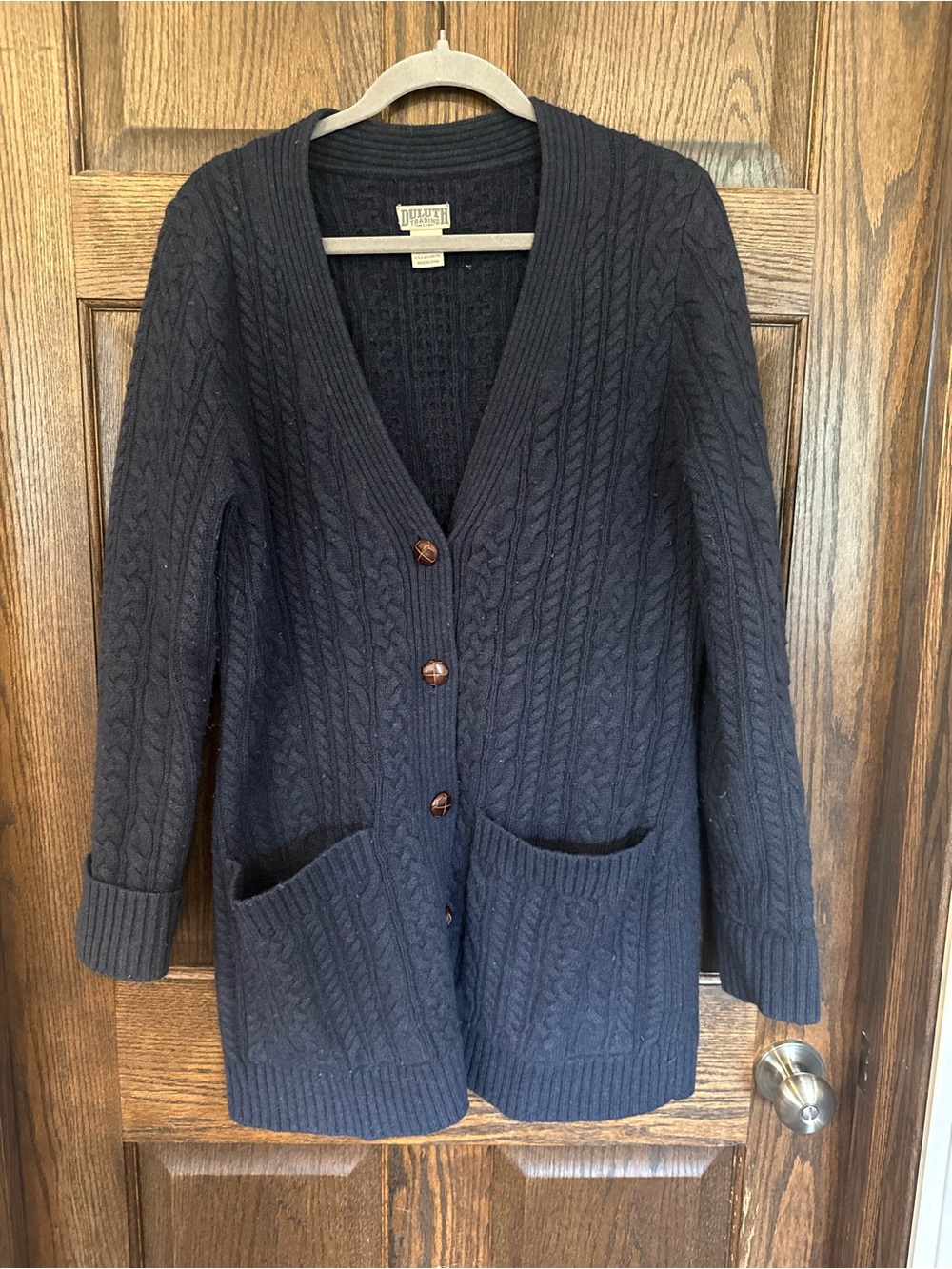 Duluth Trading Co Navy Cable-Knit Long Cardigan Medium Wool Blend